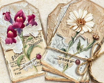 étiquettes botaniques vintage, étiquettes de journal de fleurs, encarts de journaux, fleurs imprimables, étiquettes cadeaux imprimables florales, fournitures de journal de pacotille vintage