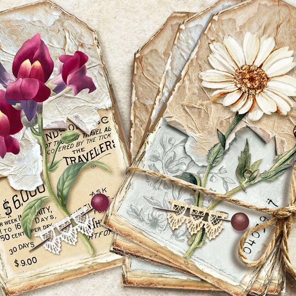 Vintage Botanical Tags, Flowers Journaling Tags, Journal Inserts, Flowers Printable,Floral Printable Gift Tags,Vintage Junk Journal Supplies