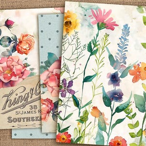 Papéis vintage para diário floral, kit para diário botânico, páginas de flores para impressão, papel para decoupage floral, kit para jardim de plantas, digital de verão