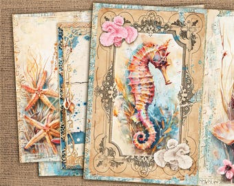 Sea Junk Journal Kit, Ocean Scrapbook Papers, Coastal Printable Pages,Beach Printables, Sea Ephemera, Summer Digital Kit, Sea ATC Card, Tags