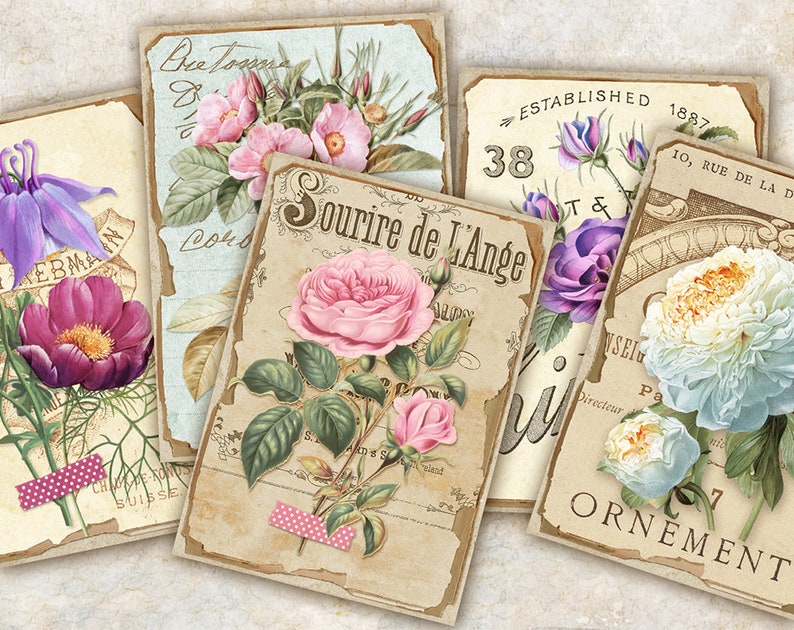 May include: Five vintage floral cards with French text. The cards feature different floral designs, including roses, peonies, and other flowers. The cards are decorated with a distressed, vintage look.
