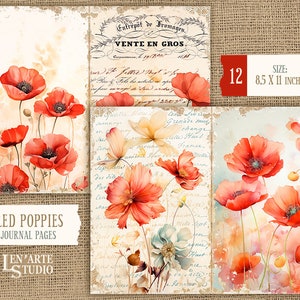 Pages de journal indésirable coquelicots rouges, papier imprimable coquelicots aquarelle, kit de journal indésirable pavot rouge, papier fleurs sauvages vintage, papier fleurs de printemps image 7