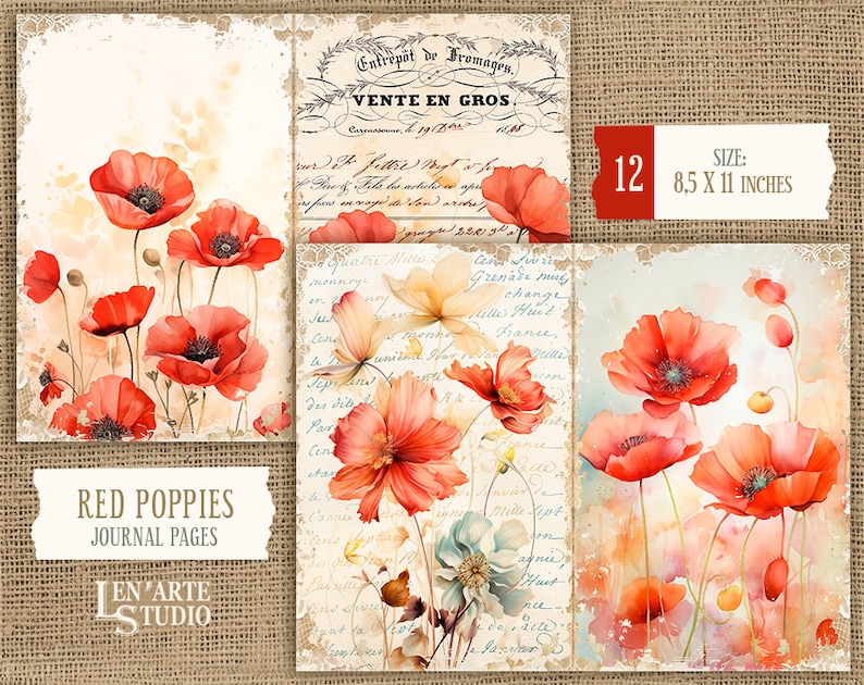 Pages de journal indésirable coquelicots rouges, papier imprimable coquelicots aquarelle, kit de journal indésirable pavot rouge, papier fleurs sauvages vintage, papier fleurs de printemps image 7