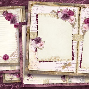 Pagine di diario a righe vuote, carta base stampabile per diario spazzatura, rose bordeaux, carta vintage, pagine shabby viola di Tiro, pagine floreali digitali