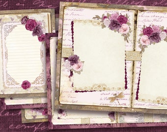 Pagine di diario a righe vuote, diario spazzatura documenti di base stampabili, rose bordeaux, carta vintage, pagine shabby viola di Tiriano, pagine floreali digitali