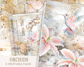 Junk Journal Printable Papers, Orchid Digital Paper, Scrapbooking Antique Papers,Floral Collage Sheets, Vintage Printable Pages,Hummingbirds