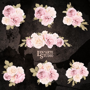 Pode incluir: Uma cole&ccedil;&atilde;o de seis arranjos florais com rosas cor-de-rosa e creme com folhas verdes. Os arranjos est&atilde;o sobre um fundo escuro e texturizado. O texto "Len'Arte Studio" &eacute; vis&iacute;vel no centro da imagem.