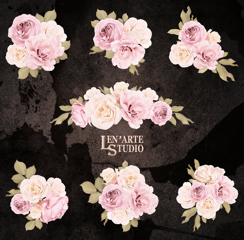 Pode incluir: Uma cole&ccedil;&atilde;o de seis arranjos florais com rosas cor-de-rosa e creme com folhas verdes. Os arranjos est&atilde;o sobre um fundo escuro e texturizado. O texto "Len'Arte Studio" &eacute; vis&iacute;vel no centro da imagem.