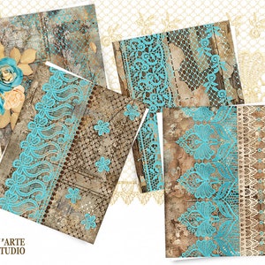 May include: Four digital paper designs featuring turquoise lace trim on a distressed wood background. The designs are perfect for scrapbooking, card making, and other paper crafts.