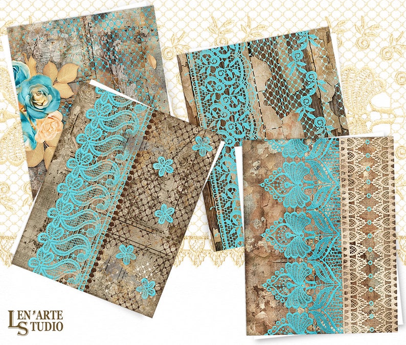 May include: Four digital paper designs featuring turquoise lace trim on a distressed wood background. The designs are perfect for scrapbooking, card making, and other paper crafts.