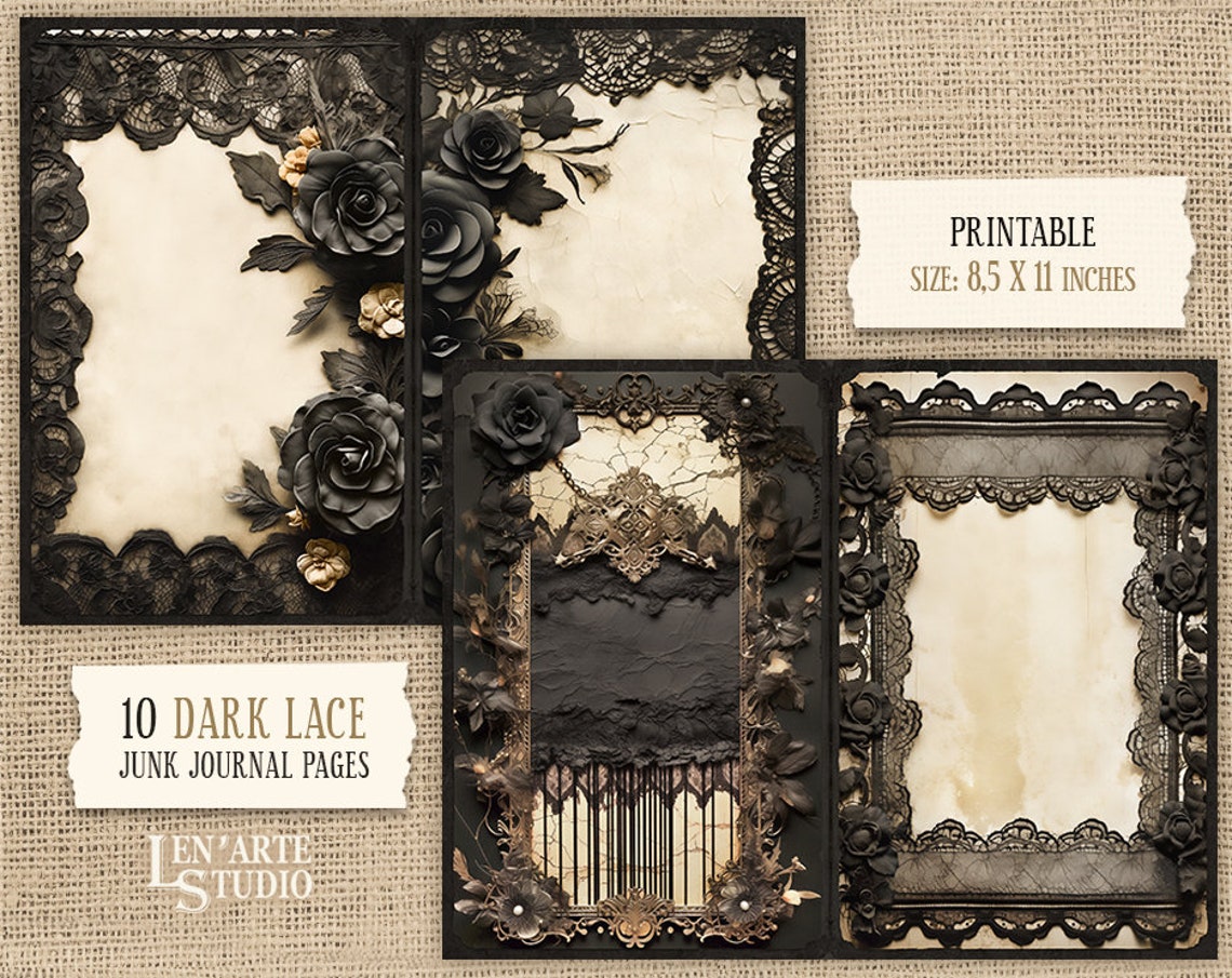 Dark Lace Junk Journal Printable Pages, Digital Lace Collage Sheets ...