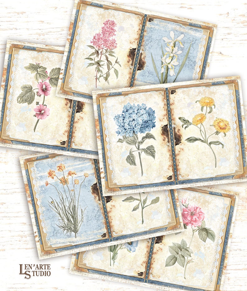 May include: A set of eight vintage-style cards featuring watercolour illustrations of various flowers. Each card has a blue and gold border with a lace design. The flowers include hydrangeas, roses, daisies, and more.