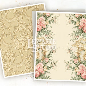 May include: Two digital paper patterns featuring a vintage floral design. One pattern has a cream background with gold scrollwork and the other has a cream background with pink roses and green leaves.