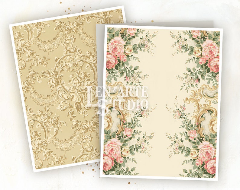 May include: Two digital paper patterns featuring a vintage floral design. One pattern has a cream background with gold scrollwork and the other has a cream background with pink roses and green leaves.