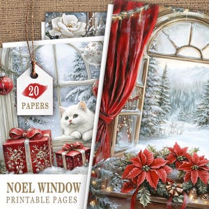 May include: Christmas-themed printable pages featuring a winter window scene with a white cat, red gift boxes, and a snowy landscape. The tag reads "20 Papers". The words "NOEL WINDOW PRINTABLE PAGES" are at the bottom.