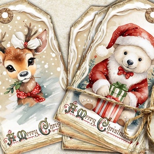 Etiquetas de animales bebés de Navidad, etiquetas de diario de bosque de invierno, lindos animales de Navidad, imprimibles de diario basura, adornos, etiquetas de regalo, etiquetas de vacaciones
