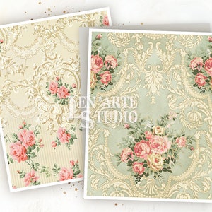 May include: Two digital paper designs featuring a vintage floral pattern with pink roses and gold accents on a light green and cream background. The designs are perfect for scrapbooking, card making, and other crafting projects.