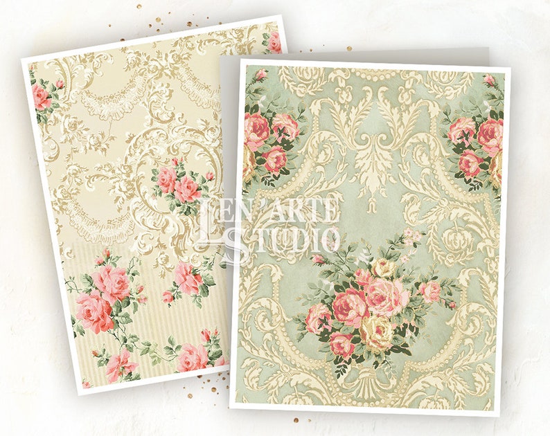 May include: Two digital paper designs featuring a vintage floral pattern with pink roses and gold accents on a light green and cream background. The designs are perfect for scrapbooking, card making, and other crafting projects.