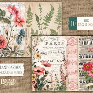 May include: A set of 10 digital printable papers featuring vintage botanical illustrations, floral patterns, and text. The papers are 8.5 x 11 inches and are perfect for junk journaling, scrapbooking, and other paper crafts.