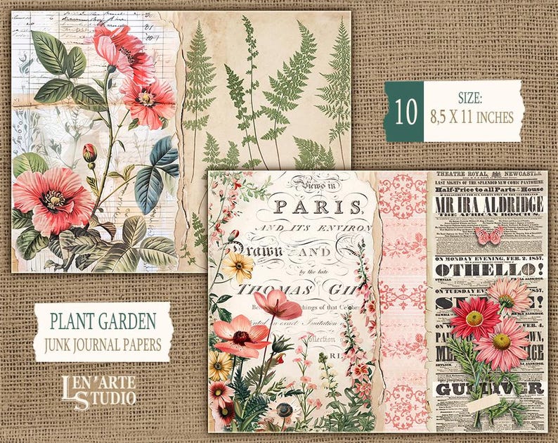 May include: A set of 10 digital printable papers featuring vintage botanical illustrations, floral patterns, and text. The papers are 8.5 x 11 inches and are perfect for junk journaling, scrapbooking, and other paper crafts.