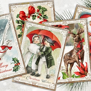 Set di biglietti di Natale vintage, biglietti ATC vintage, materiale effimero del diario di Natale, foglio di collage invernale, materiale effimero stampabile, Babbo Natale ACEO
