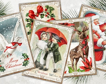 May include: Set of five vintage Christmas cards featuring a white dove, a reindeer, a couple under an umbrella, a wreath with a red bow, and Santa Claus. The cards have a cream background with a lace border and the text "Merry Christmas" and "Best Christmas Wishes".