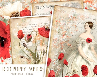 Red Poppy Junk Journal Pages, Poppies Junk Journal, Poppy Printable Junk Journal, Spring Collage Sheets, Floral Decorative Paper, Botanical
