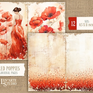 Pages de journal indésirable coquelicots rouges, papier imprimable coquelicots aquarelle, kit de journal indésirable pavot rouge, papier fleurs sauvages vintage, papier fleurs de printemps image 3