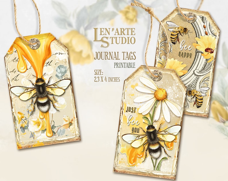 May include: Three printable journal tags featuring a bee and floral designs. The tags are 2.3 by 4 inches and have a distressed, vintage look. The text on the tags reads "bee happy", "just bee you", and a honey dripping design.