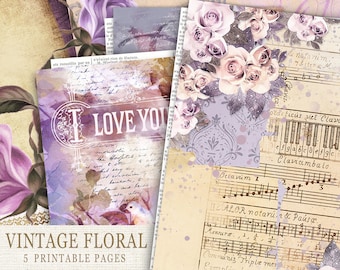 vintage Floral Printable Junk Journal Kit, Kit Ephemera, Papier victorien, Scrapbooking, Journaux, Fabrication de cartes, Feuille de Collage floral, Numérique