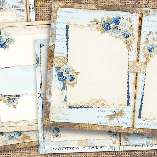 Blank Lined Journal Pages, Junk Journal Basic Papers, Printable Shabby Pages, Blue Roses Paper Vintage,Roses Collage sheet,Blue Lined Papers