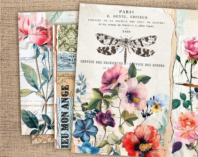 May include: A collage of vintage floral illustrations with a dragonfly, text that reads "Paris E. Dentu, Editeur" and "Service des Dejeuners - Service des Diners", and the phrase "Ieu Mon Ange" in French.
