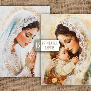 May include: Two digital paintings of the Virgin Mary. The first image shows Mary with her hands clasped in prayer. The second image shows Mary holding a baby Jesus in her arms. Both images are painted in a soft, ethereal style with a focus on the figures' faces and expressions.