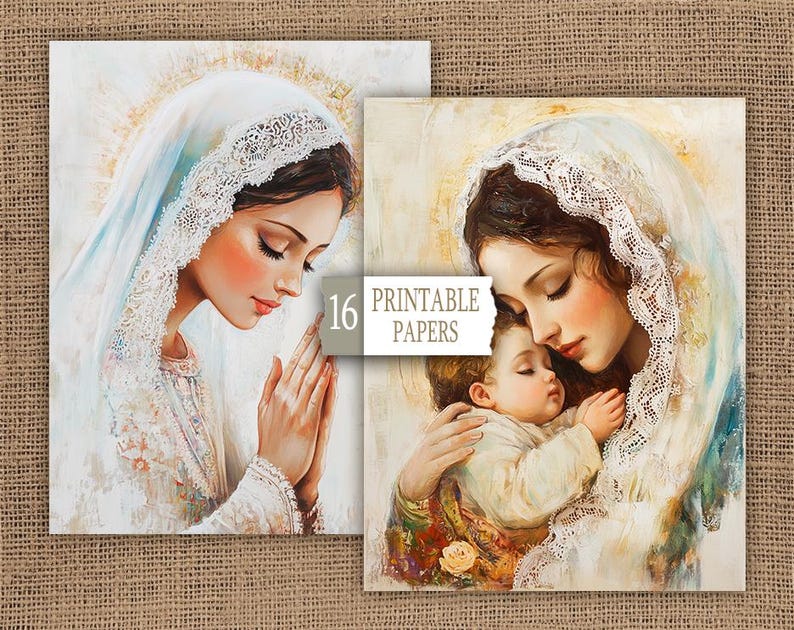 May include: Two digital paintings of the Virgin Mary. The first image shows Mary with her hands clasped in prayer. The second image shows Mary holding a baby Jesus in her arms. Both images are painted in a soft, ethereal style with a focus on the figures' faces and expressions.