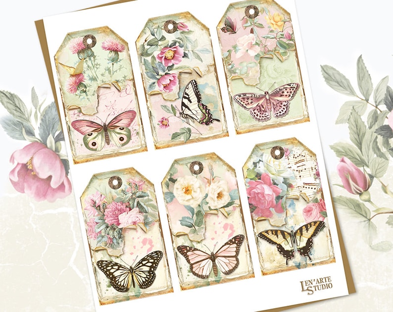 Pode incluir: Conjunto de seis etiquetas para presentes de estilo vintage com borboletas e desenhos florais. Cada etiqueta tem um visual desgastado e envelhecido com uma combina&ccedil;&atilde;o de cores rosa, verde e branco. As etiquetas s&atilde;o perfeitas para adicionar um toque de fantasia aos presentes ou aos trabalhos manuais.