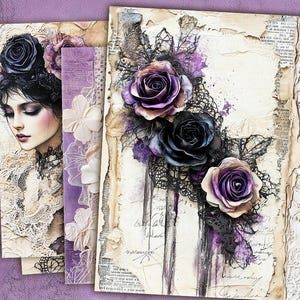 Kit de diário de lixo floral roxo, papéis básicos, chique gasto para impressão roxo, folhas de diário vintage, papel de scrapbook de rosas, páginas românticas
