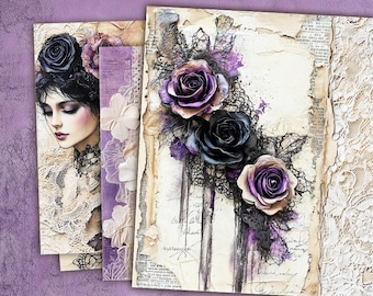 Purple  Floral Junk Journal Kit, Basic Papers, Purple Printable Shabby Chic, Vintage Journal Sheets, Roses Scrapbook Paper, Romantic Pages
