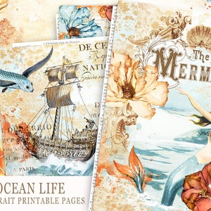 Ocean Junk Journal Printable Papers, Vintage Mermaid Paper, Nautical Antique Papers, Beach Junk Journal Kit, Sea Collage Sheet, Sea Digital