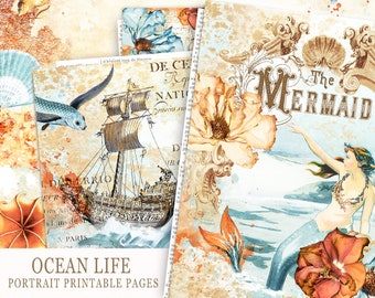 Ocean Junk Journal Printable Papers, Vintage Mermaid Paper, Nautical Antique Papers, Beach Junk Journal Kit, Sea Collage Sheet, Sea Digital