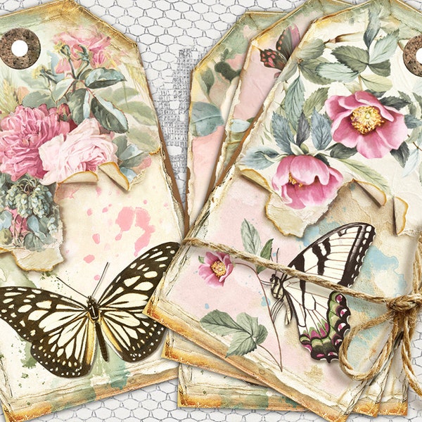 Vintage Butterflies Journal Tags, Botanical Printable Tags, Flowers Ephemera,Butterfly Image,Junk Journal Supplies,Journal Inserts,Gift Tags