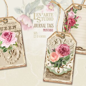 May include: Three printable journal tags featuring a vintage aesthetic with floral designs and ornate borders. The tags are 2.3 by 4 inches and feature the text "the occasion QUEEN" on one tag, a floral design with the text "5th November 1833" on another, and a blank tag with lines for writing on the third.