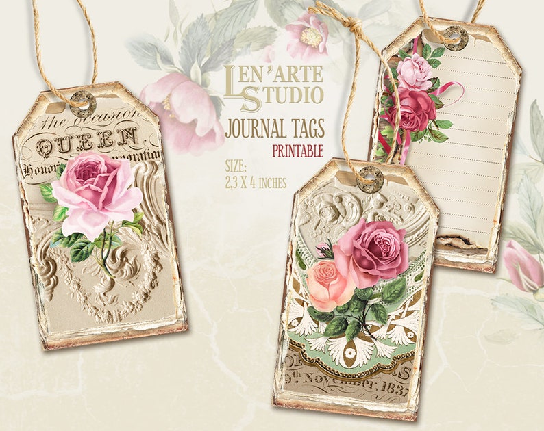 May include: Three printable journal tags featuring a vintage aesthetic with floral designs and ornate borders. The tags are 2.3 by 4 inches and feature the text "the occasion QUEEN" on one tag, a floral design with the text "5th November 1833" on another, and a blank tag with lines for writing on the third.