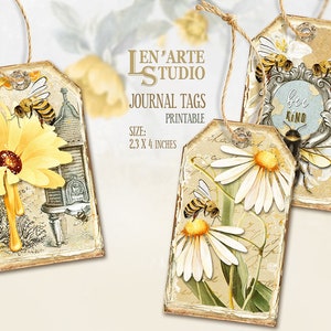 May include: Three printable journal tags featuring a bee and flower theme. The tags are 2.3 x 4 inches and have a distressed wood look. One tag features a beehive, a yellow flower, and dripping honey. Another tag features a bee and a daisy. The third tag features a bee and a frame with the text "be kind".
