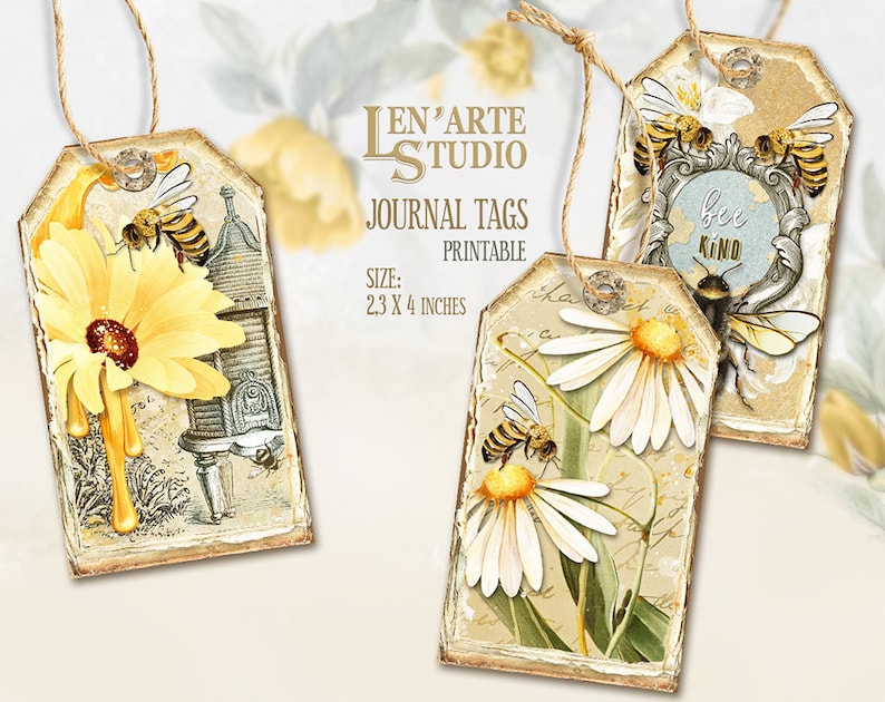 May include: Three printable journal tags featuring a bee and flower theme. The tags are 2.3 x 4 inches and have a distressed wood look. One tag features a beehive, a yellow flower, and dripping honey. Another tag features a bee and a daisy. The third tag features a bee and a frame with the text "be kind".
