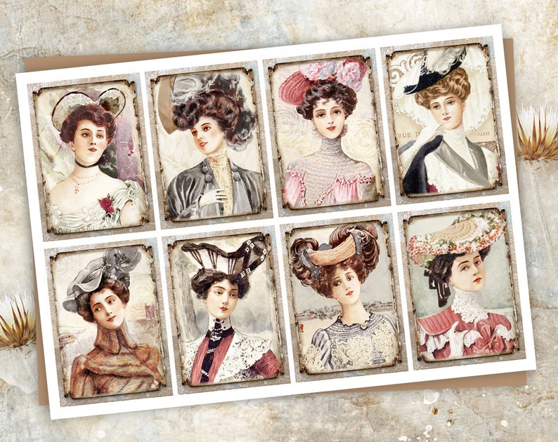 Puede incluir: Nueve im&aacute;genes vintage de mujeres con sombreros. Las mujeres visten ropa elegante y tienen peinados elaborados. Las im&aacute;genes est&aacute;n en formato de collage y tienen un aspecto desgastado y antiguo.