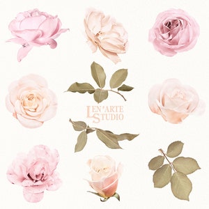 Pode incluir: Nove rosas delicadas de cor rosa e creme com folhas verdes. As rosas est&atilde;o dispostas em um padr&atilde;o circular com o texto "Len'Arte Studio" no centro.