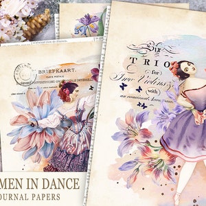 Papeles de diario antiguos con bailarinas, papel de diario basura de bailarinas victorianas, papel de ballet imprimible, hoja de collage de mujeres gitanas, danza antigua