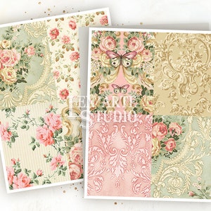 May include: A digital collage sheet featuring a patchwork of floral and damask patterns in shades of pink, green, and gold. The patterns include roses, butterflies, and intricate scrollwork.