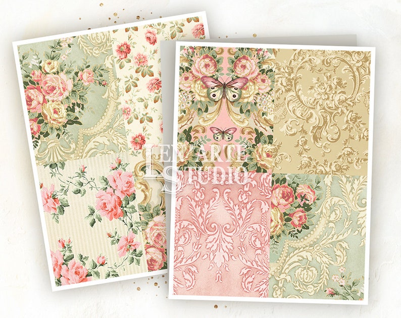 May include: A digital collage sheet featuring a patchwork of floral and damask patterns in shades of pink, green, and gold. The patterns include roses, butterflies, and intricate scrollwork.