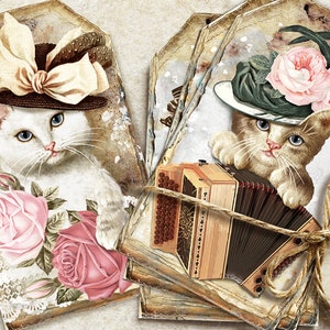 étiquettes de chat vintage, étiquettes de journalisation chat, encarts de journal, chat imprimable, étiquettes cadeaux imprimables félins, fournitures de journal indésirable Catty, chatons